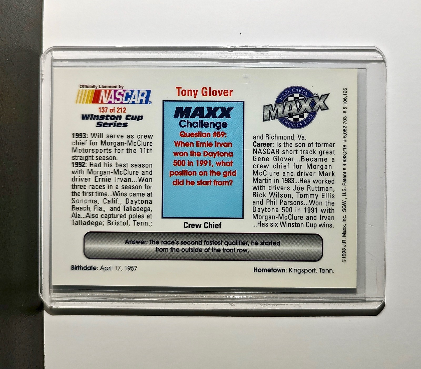 Tony Glover 1993 Maxx Premier Plus Racing #137 NASCAR Card Morgan-McClure