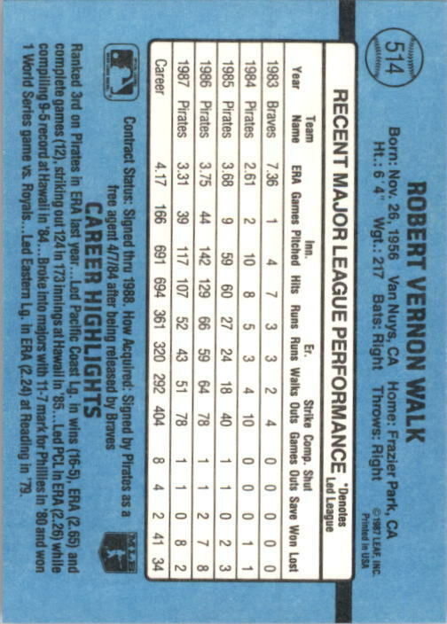 1988 Bob Walk Donruss Baseball Card #514