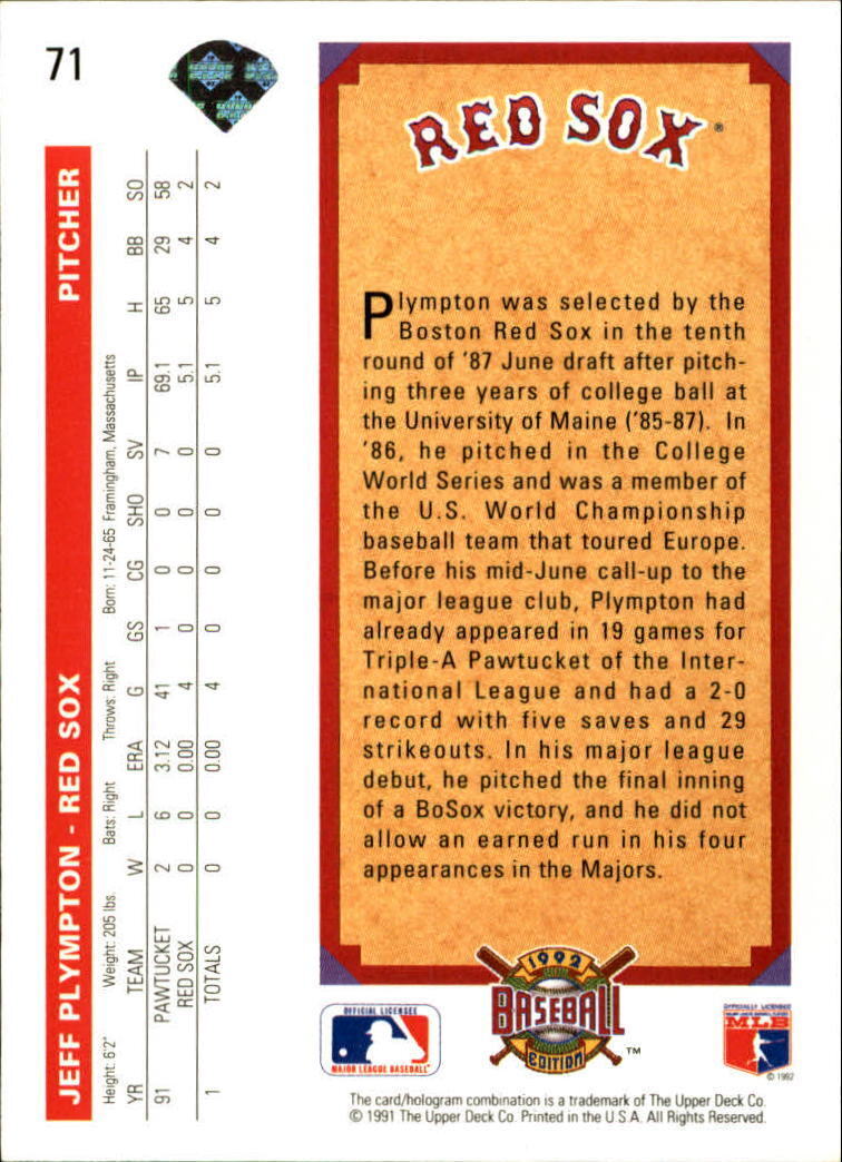 Jeff Plympton 1992 Upper Deck MLB #71 Top Prospect Baseball Card Boston Red Sox