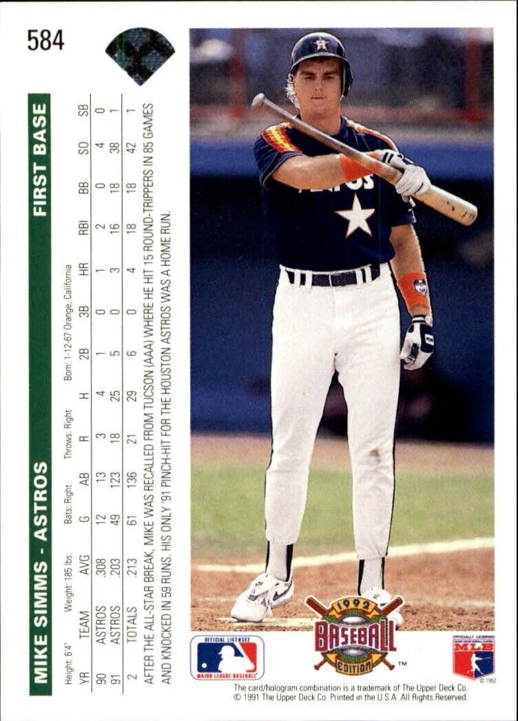 Mike Simms 1992 Upper Deck MLB #584 Baseball Card Houston Astros