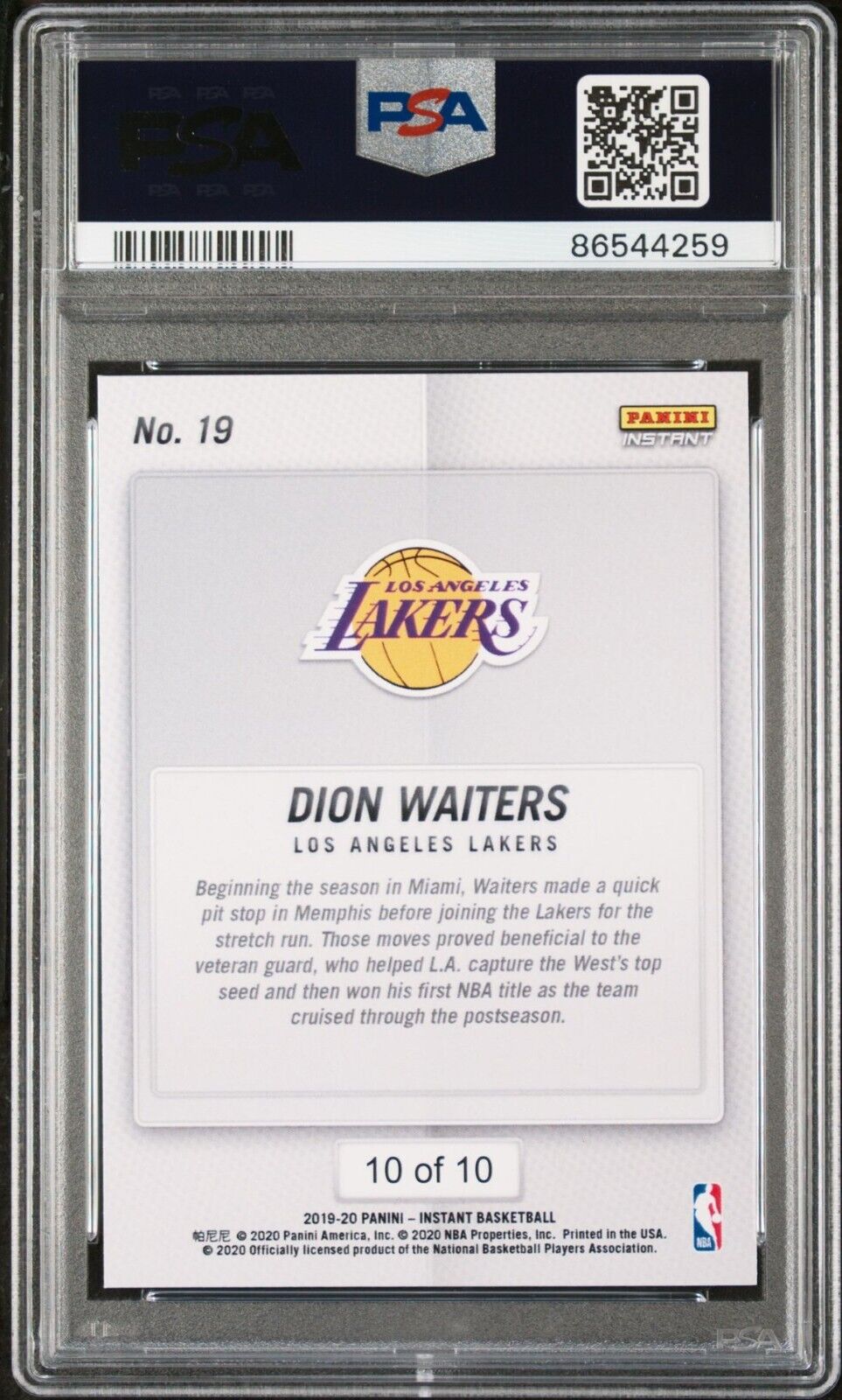 Dion Waiters 2020 Panini Lakers NBA Champions #19 Green Card 10/10 PSA 9 Mint