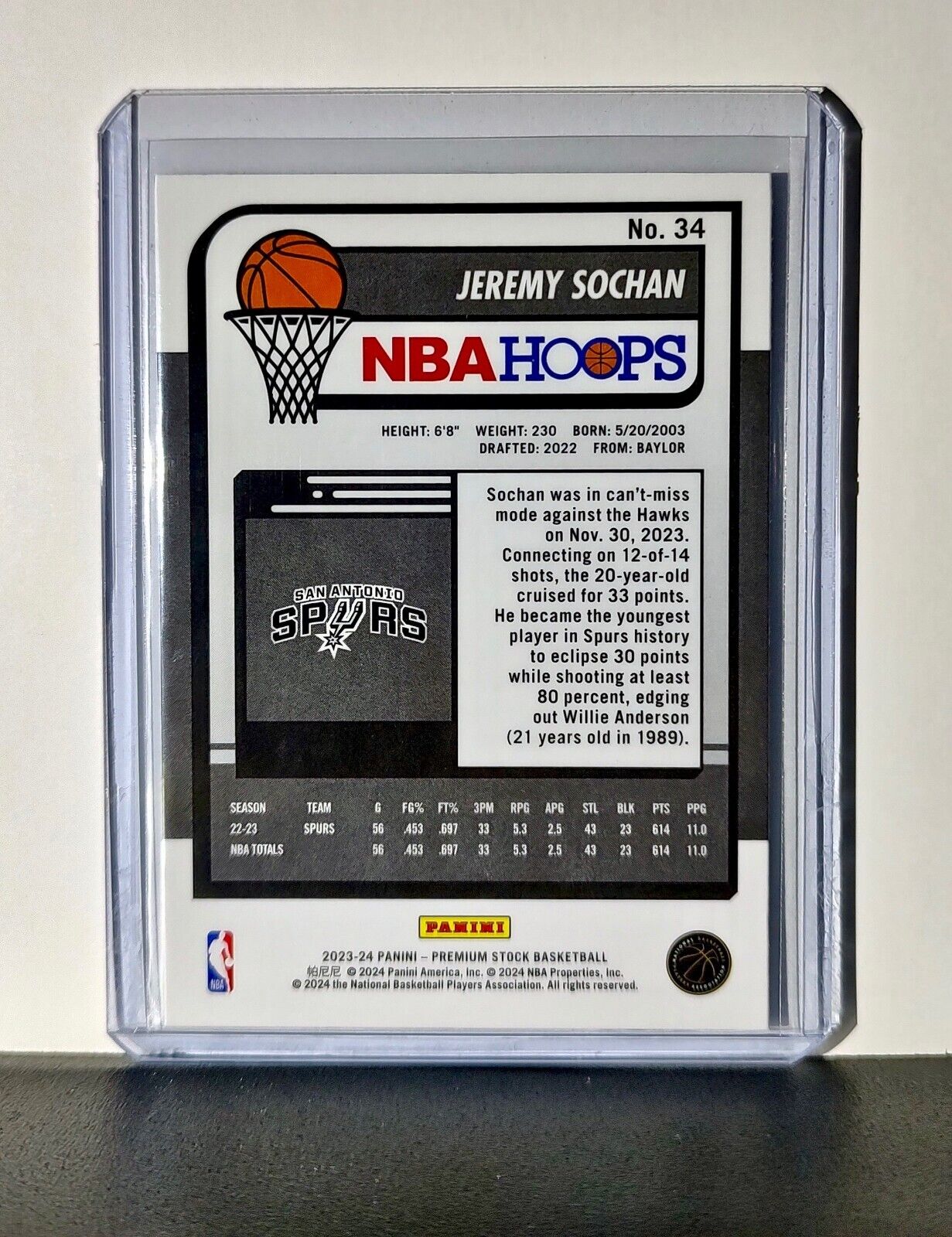Jeremy Sochan 2023-24 Panini Premium Stock NBA Hoops #34 Card San Antonio Spurs