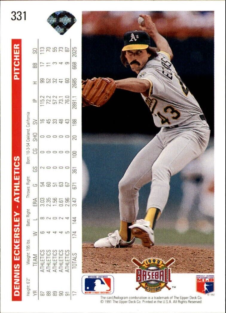 Dennis Eckersley 1992 Upper Deck MLB #331 Baseball Card Oakland Athletics