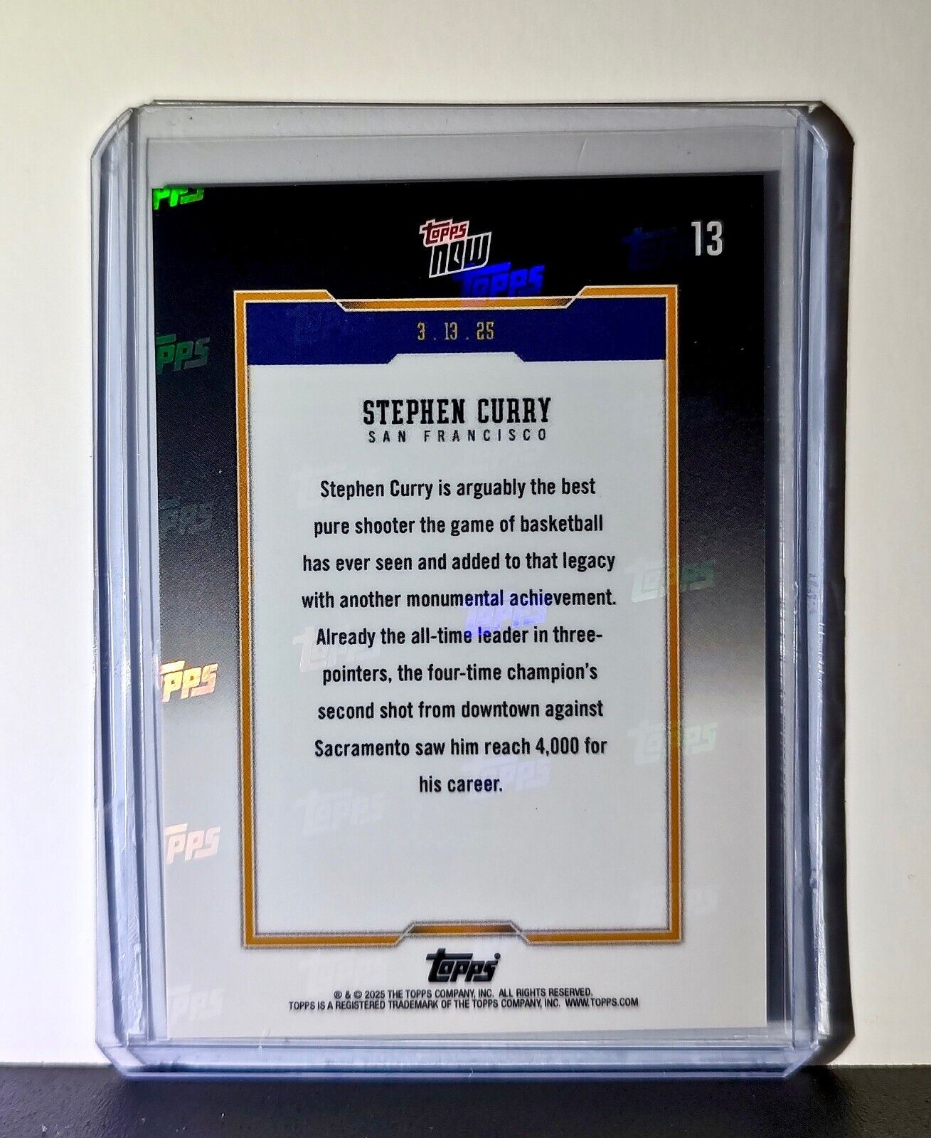 Stephen Curry 4000 Career 3 Pointers Topps Now NBA #13 Basketball Card Warriors