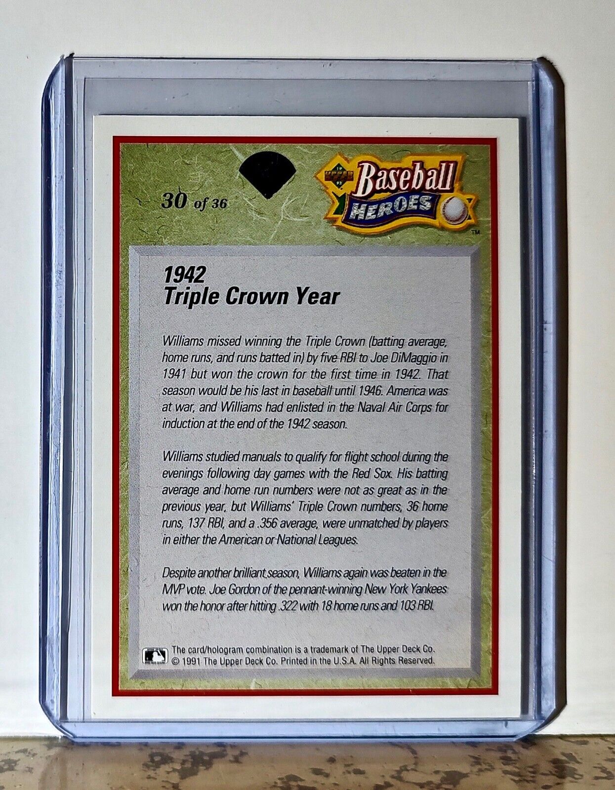 Ted Williams 1992 Upper Deck Baseball Heroes MLB #30 Card Boston Red Sox