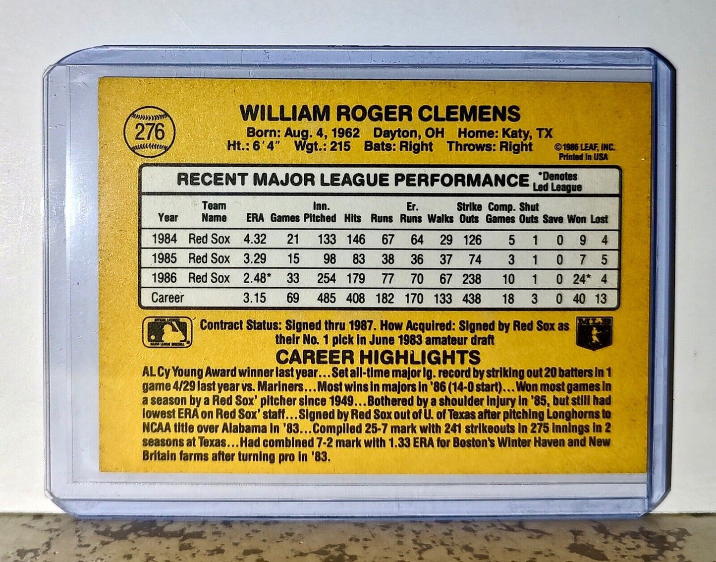 Roger Clemens 1987 Donruss MLB #276 Baseball Card Boston Red Sox