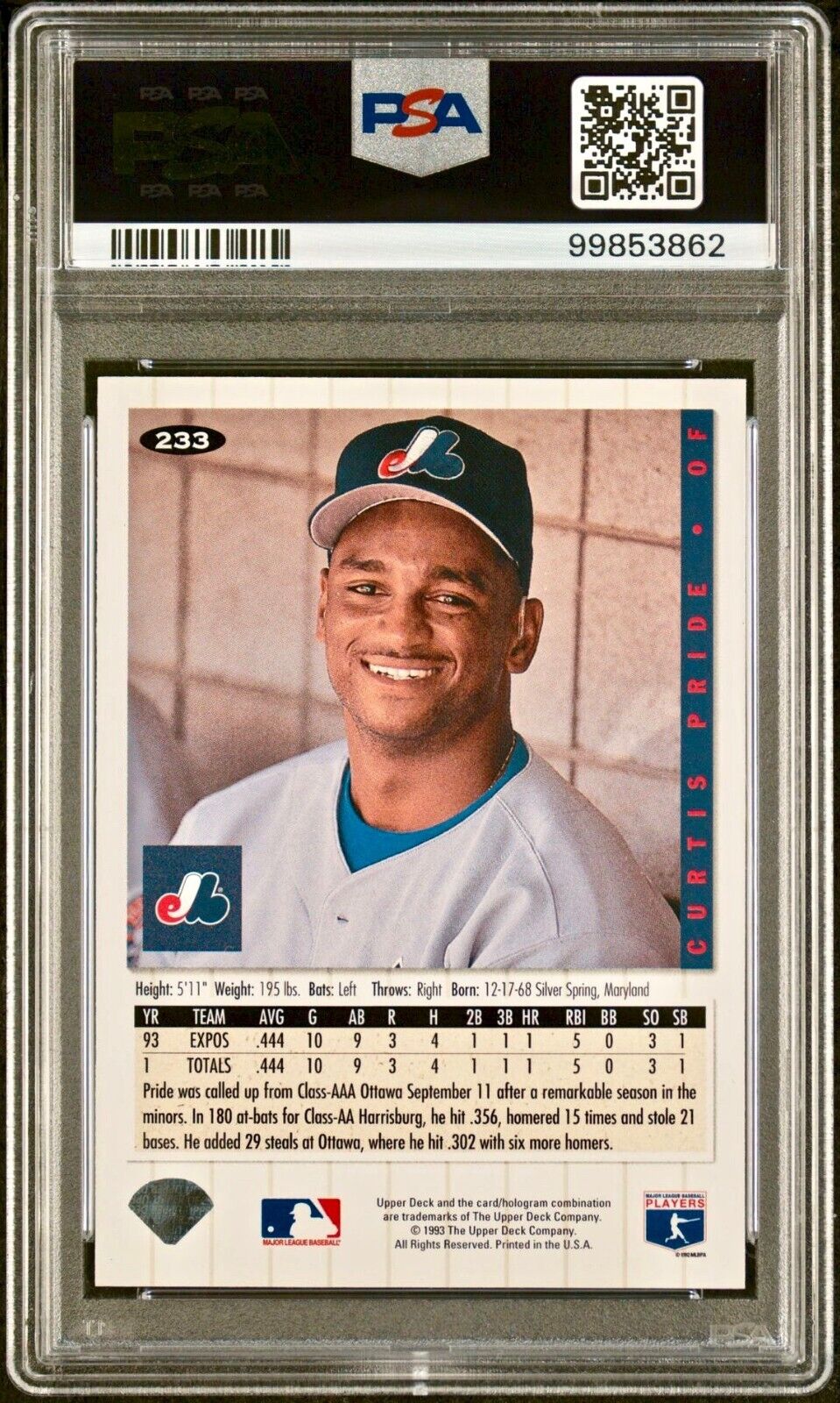 Curtis Pride 1994 Upper Deck Collector's Choice MLB #233 Card PSA 8 Auto 10