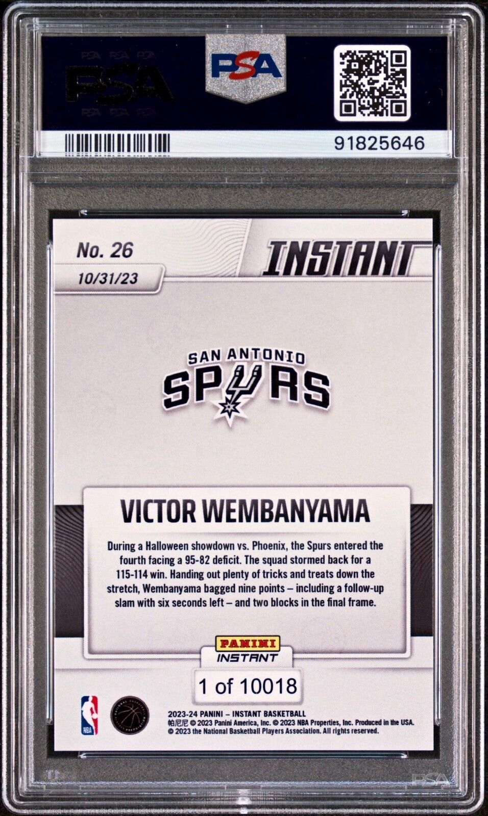 Victor Wembanyama 2023-24 Panini #26 NBA Rookie Card Spurs 1 of 10018 PSA 9 Mint
