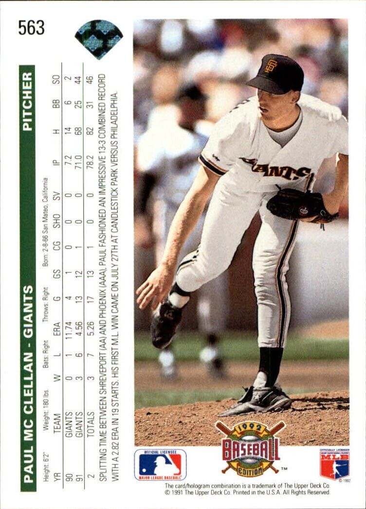 Paul McClellan 1992 Upper Deck MLB #563 Baseball Card San Francisco Giants