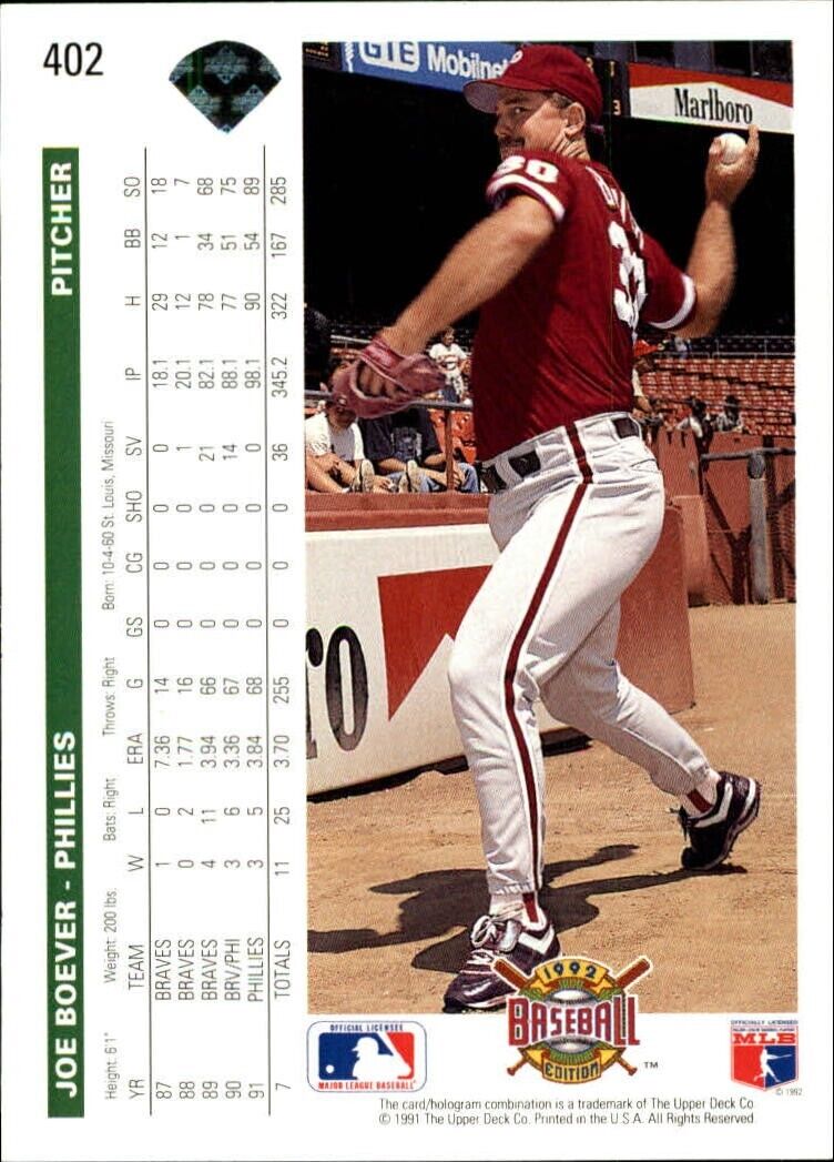 Joe Boever 1992 Upper Deck MLB #402 Baseball Card Philadelphia Phillies