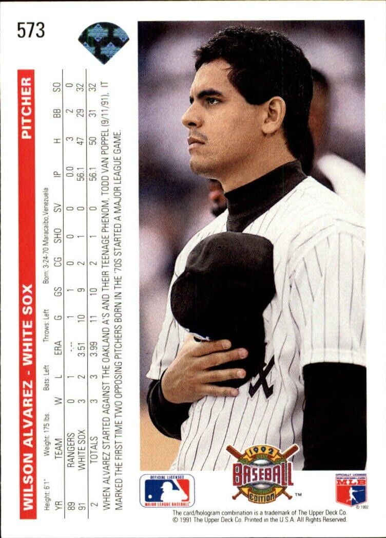 Wilson Alvarez 1992 Upper Deck MLB #573 Baseball Card Chicago White Sox