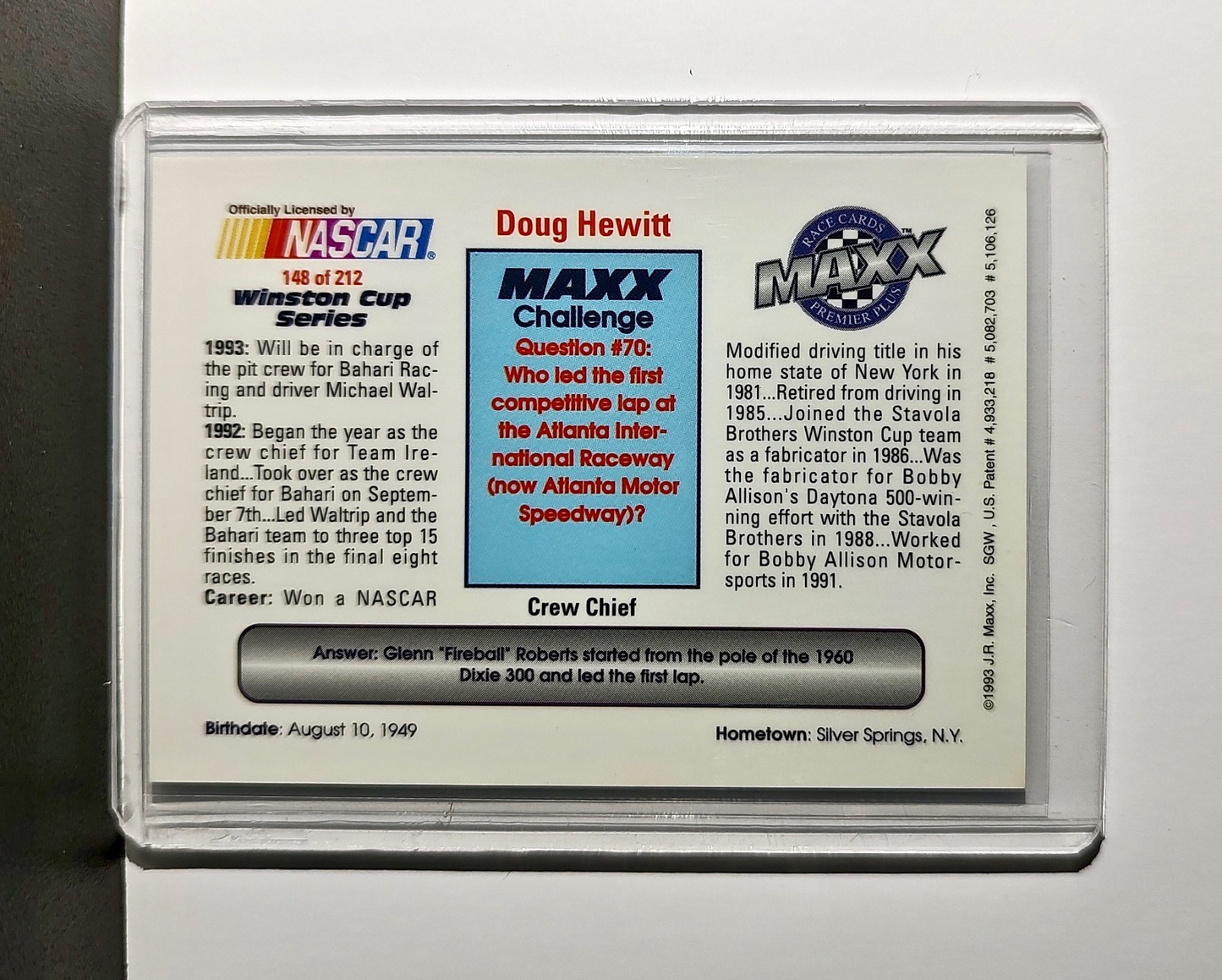 Doug Hewitt 1993 Maxx Premier Plus Racing #148 NASCAR Card Bahari Racing