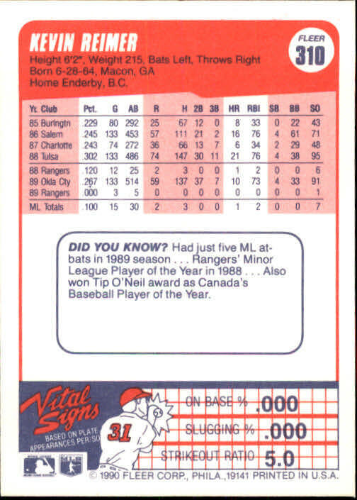 1990 Kevin Reimer Fleer Baseball Card #310