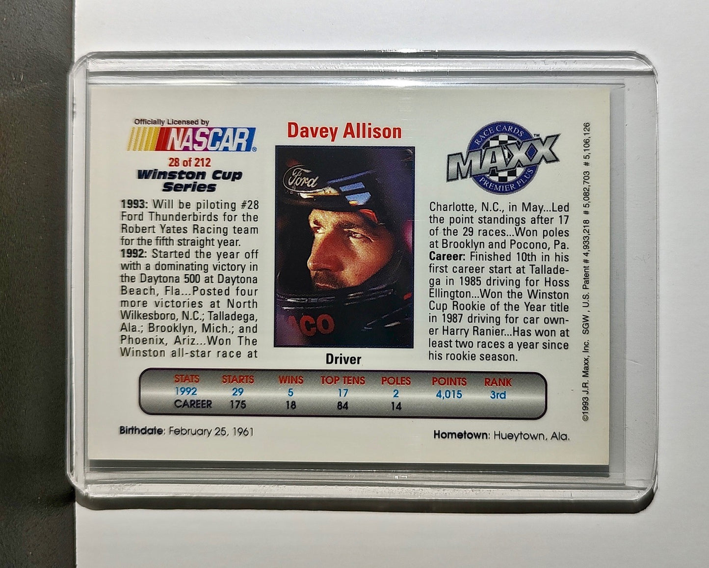 Davey Allison 1993 Maxx Premier Plus Racing #28 NASCAR Card Robert Yates Racing