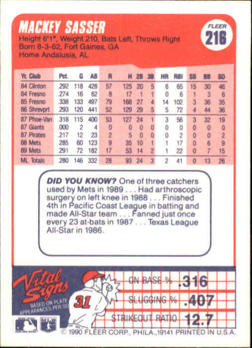 1990 Mackey Sasser Fleer Baseball Card #216