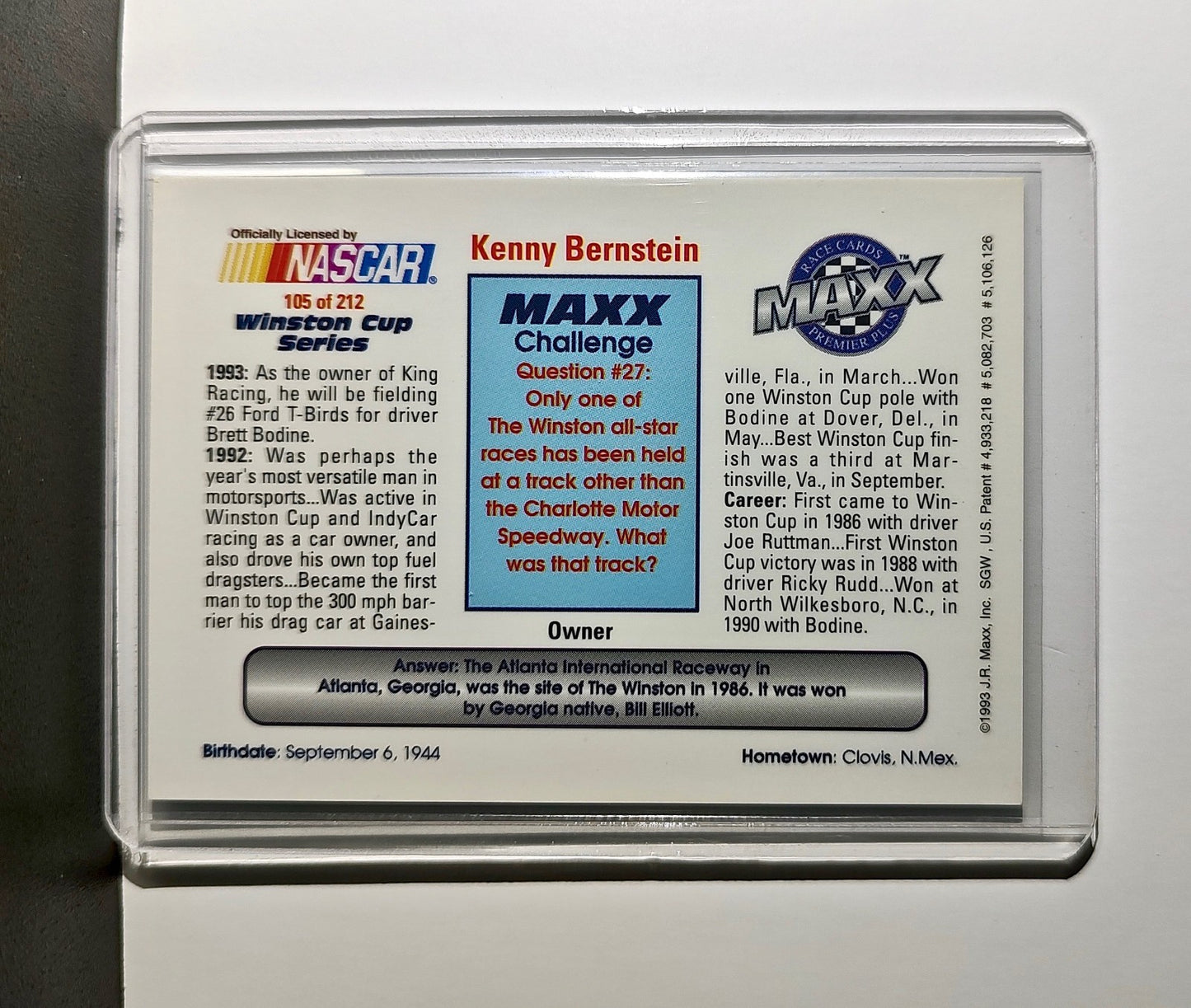 Kenny Bernstein 1993 Maxx Premier Plus Racing #105 NASCAR Card King Racing