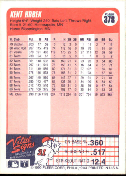 1990 Kent Hrbek Fleer Baseball Card #378