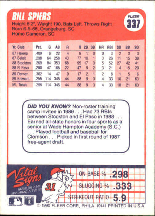 1990 Bill Spiers Fleer Baseball Card #337