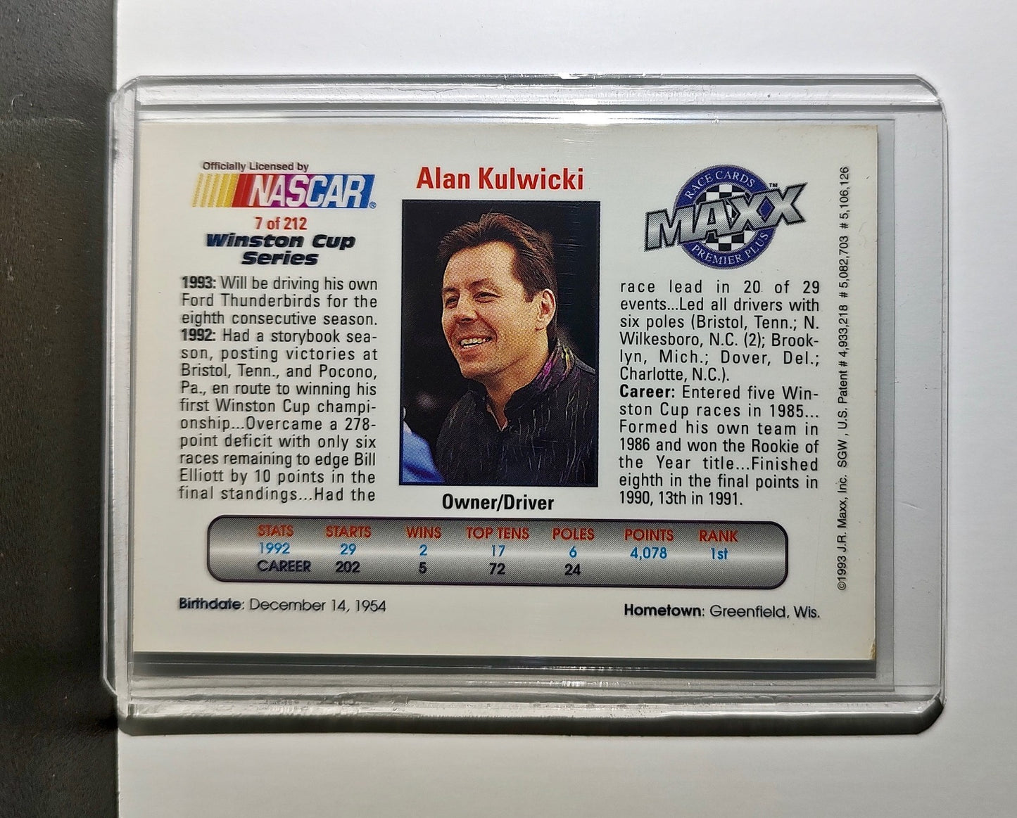 Alan Kulwicki 1993 Maxx Premier Plus Racing #7 NASCAR Card AK Racing