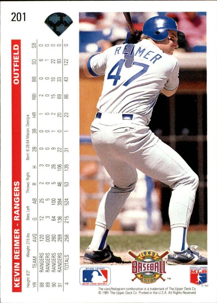 Kevin Reimer 1992 Upper Deck MLB #201 Baseball Card Texas Rangers