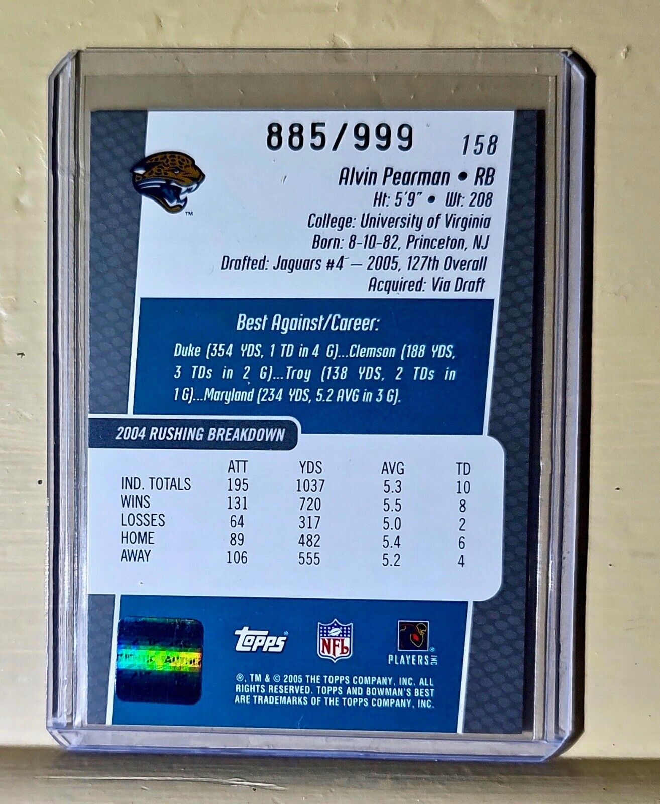 Alvin Pearman 2005 Topps Bowmans Best Autographed NFL #158 Card #885/999