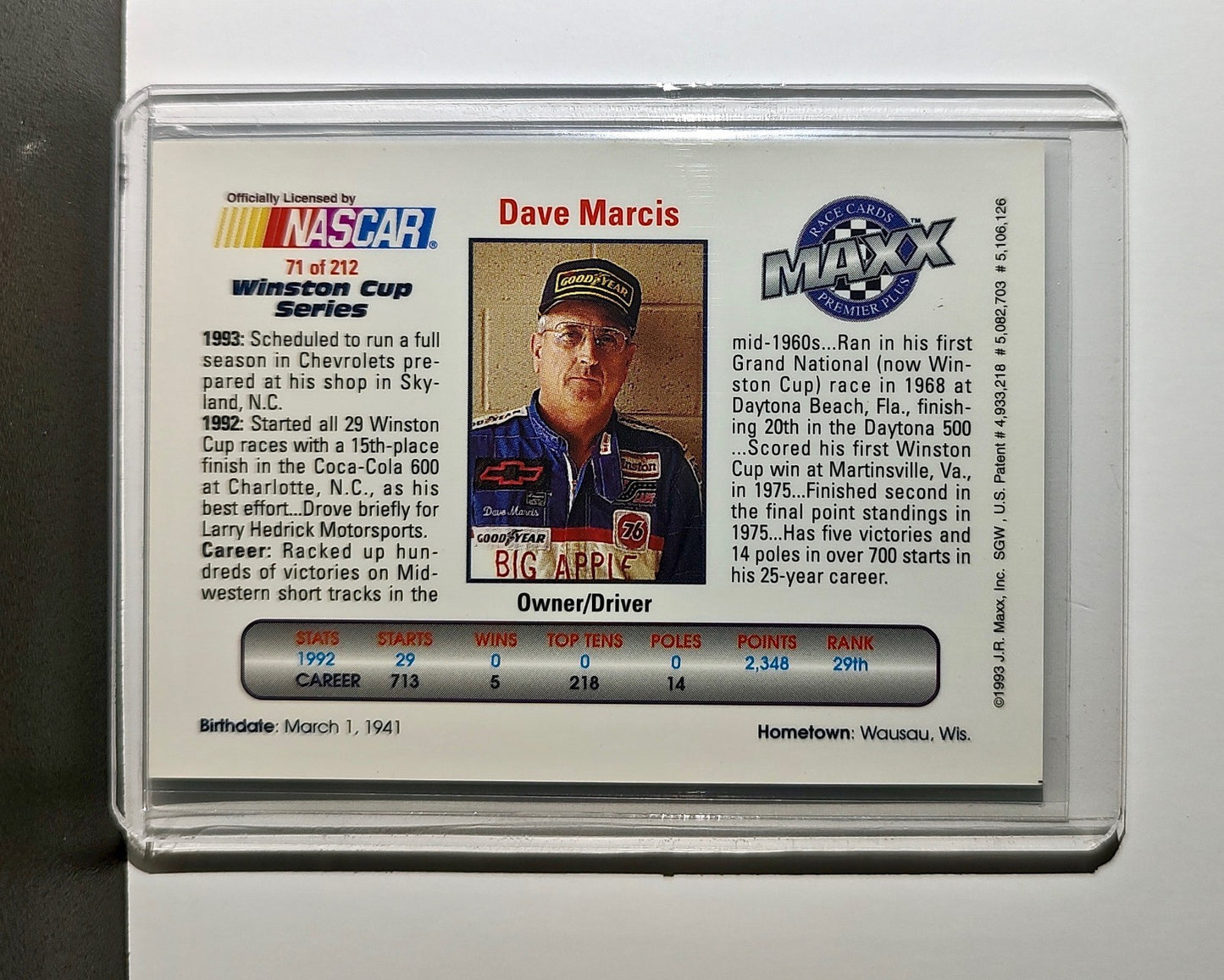 Dave Marcis 1993 Maxx Premier Plus Racing #71 NASCAR Card Marcis Auto Racing
