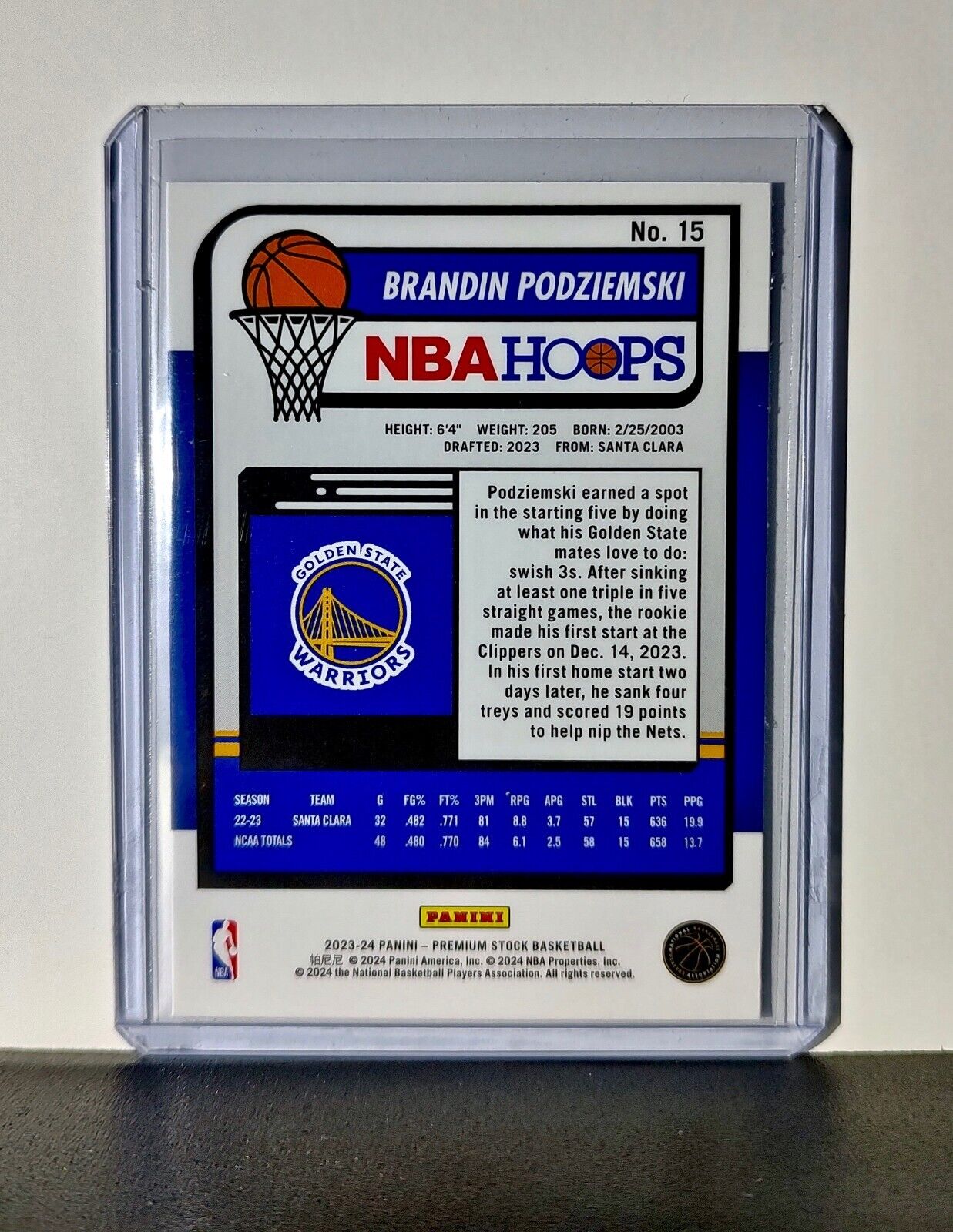 Brandin Podziemski 2023-24 Panini Premium Stock NBA Hoops #15 Rookie Warriors
