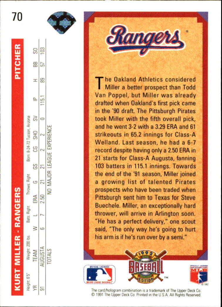 Kurt Miller 1992 Upper Deck MLB #70 Top Prospect Baseball Card Texas Rangers