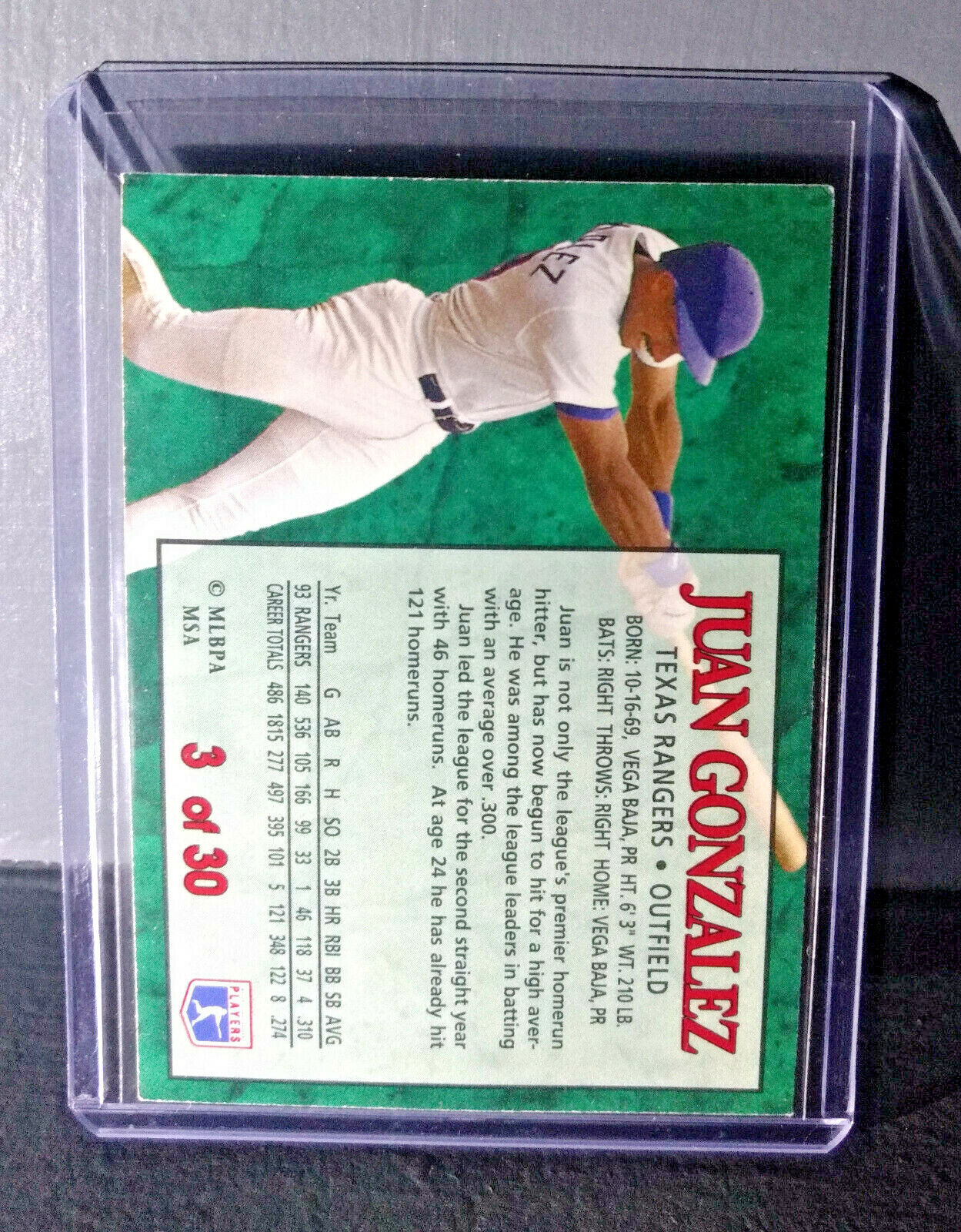 1994 Juan Gonzalez Post Collection #3 Baseball Card Texas Rangers