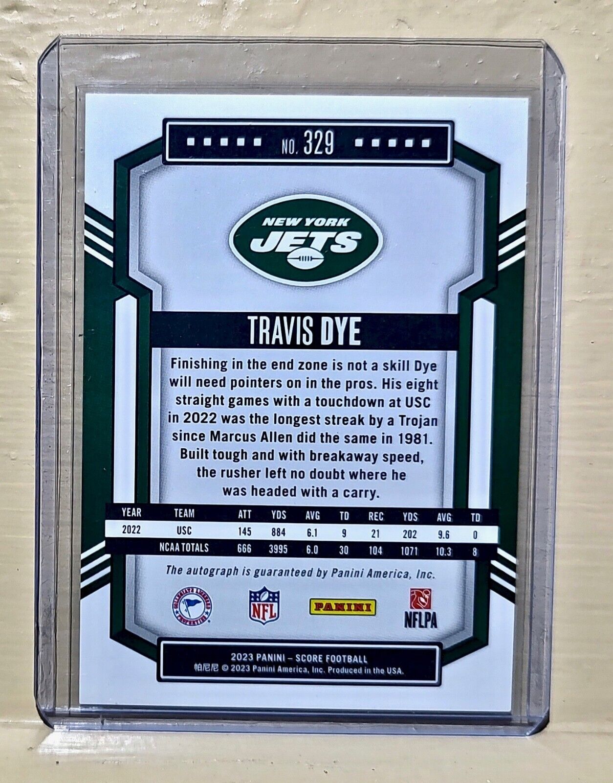 Travis Dye 2023 Panini NFL #329 Score Autograph Rookie Football Card Jets