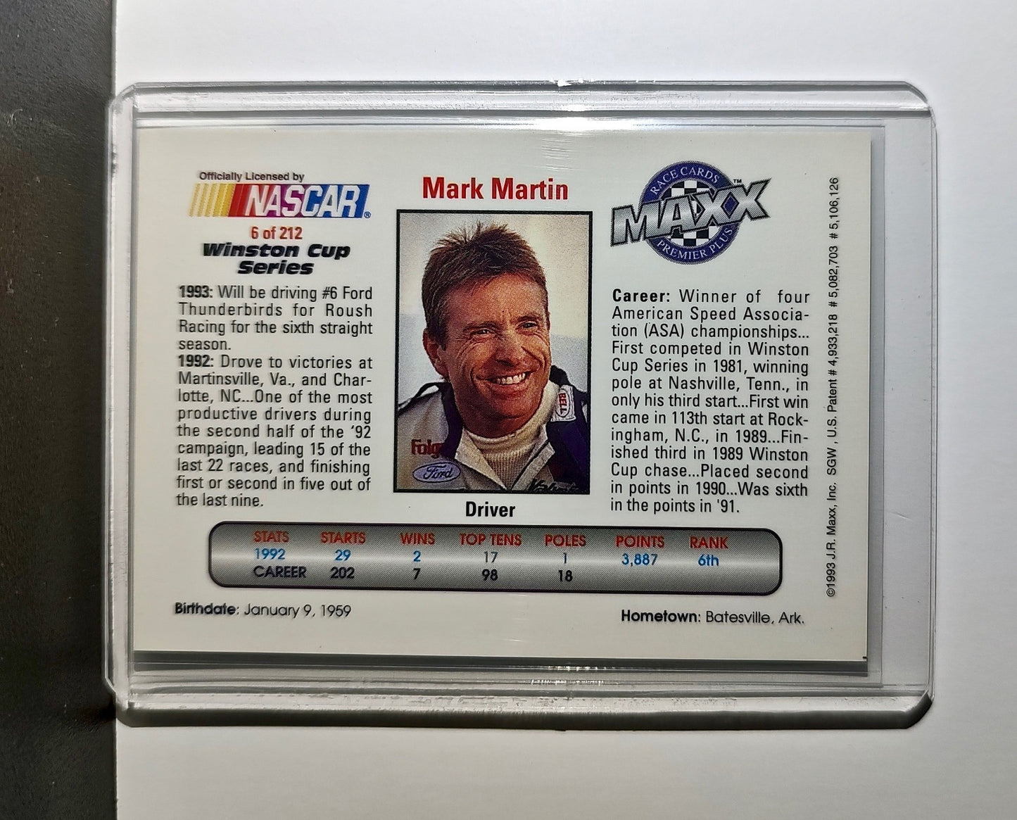 Mark Martin 1993 Maxx Premier Plus Racing #6 NASCAR Card Roush Racing