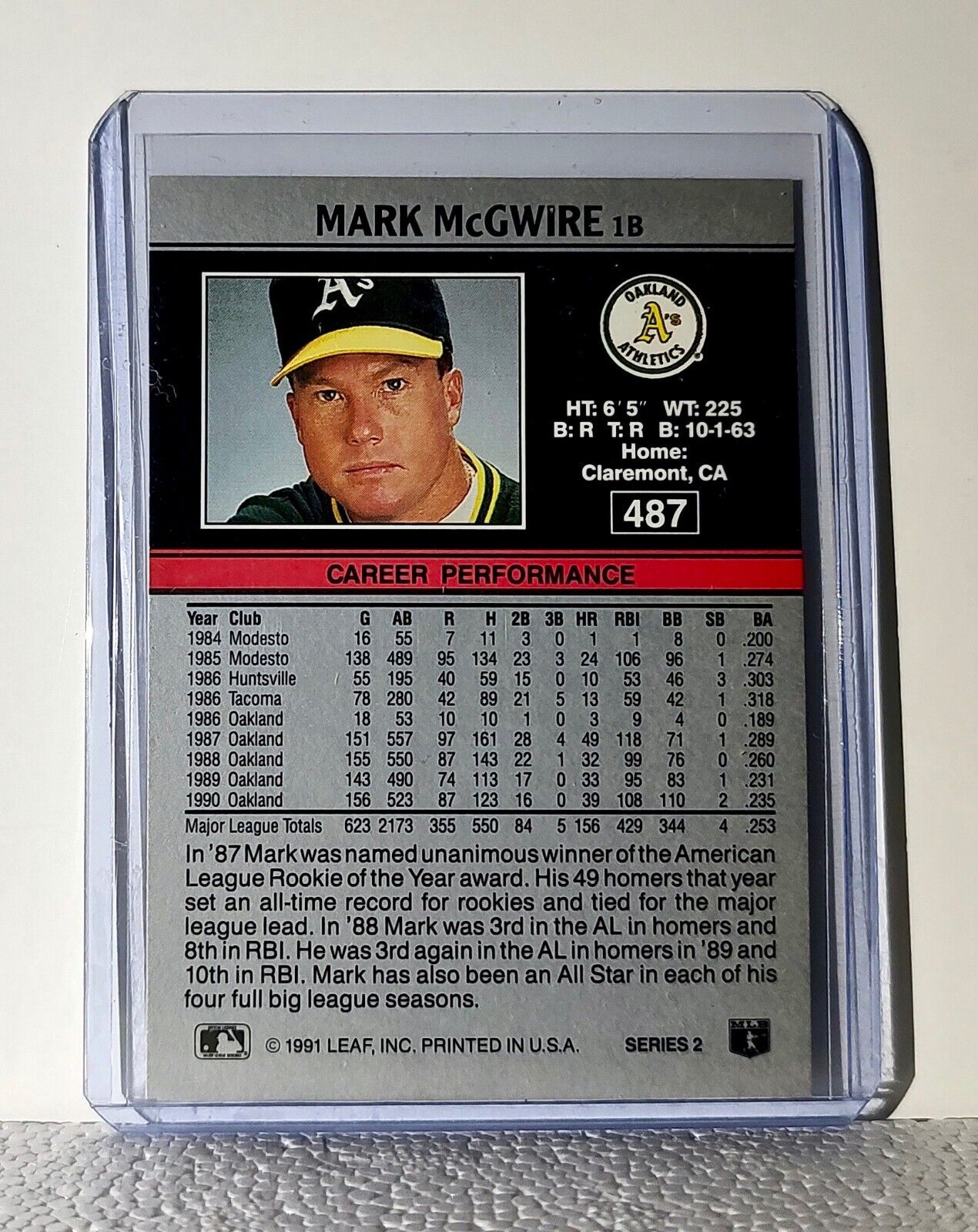 Mark McGwire 1991 Leaf MLB #487 Baseball Card Oakland Athletics