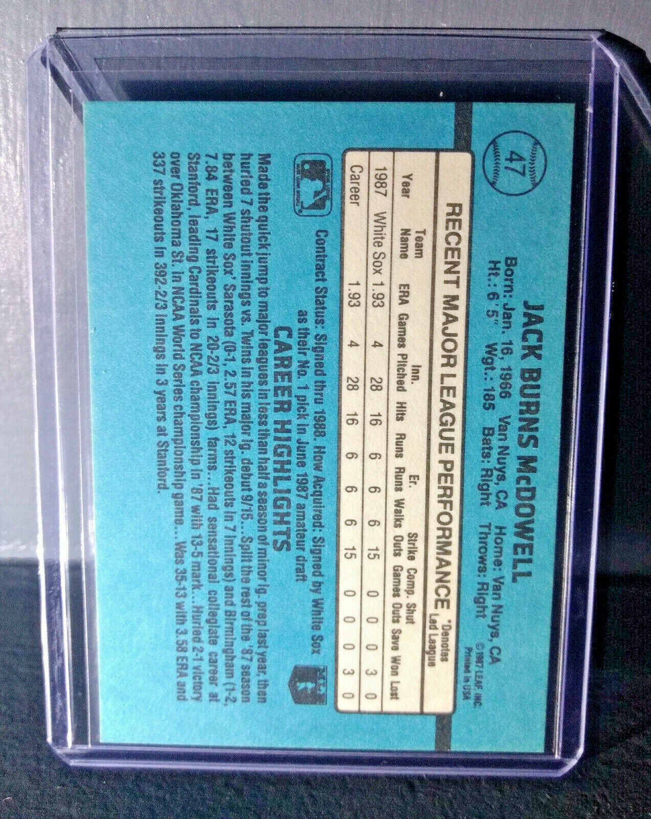 1988 Jack McDowell Donruss Rated Rookie #47 Baseball Card