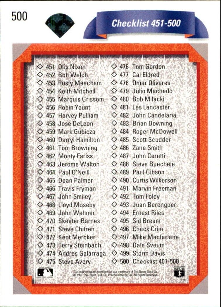 Checklist 401-500 1992 Upper Deck MLB #500 Baseball Card