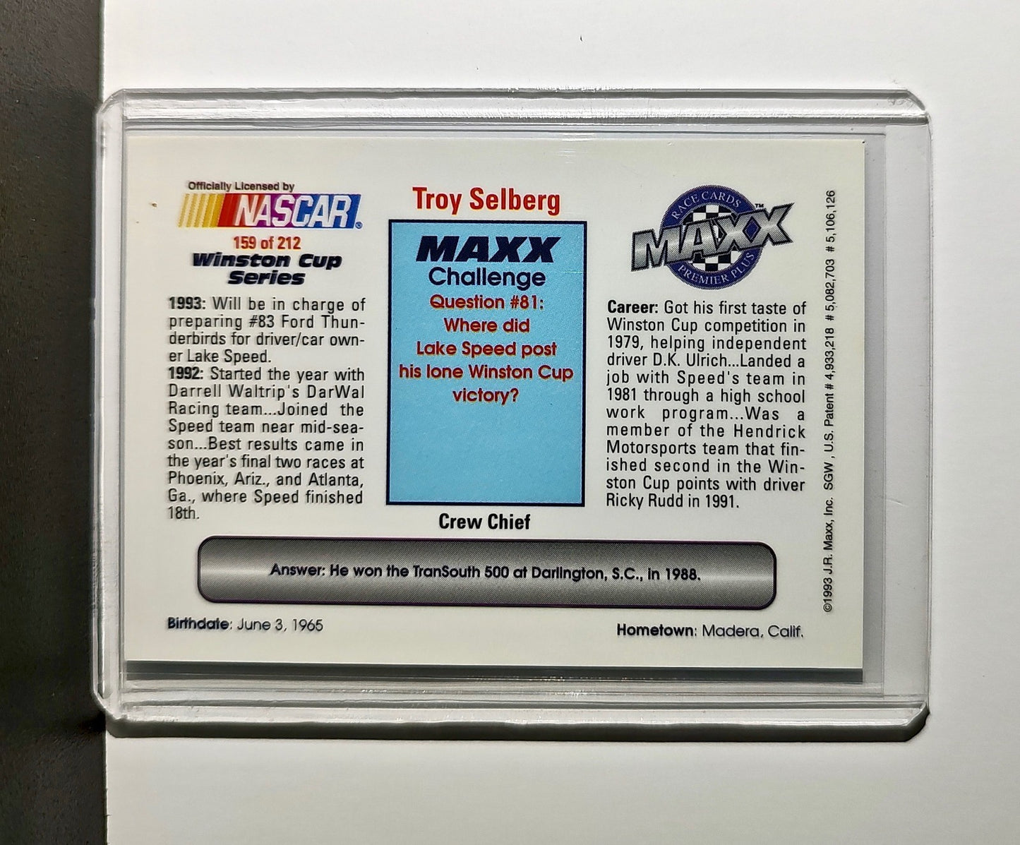 Troy Selberg 1993 Maxx Premier Plus Racing #159 NASCAR Card Lake Speed Racing