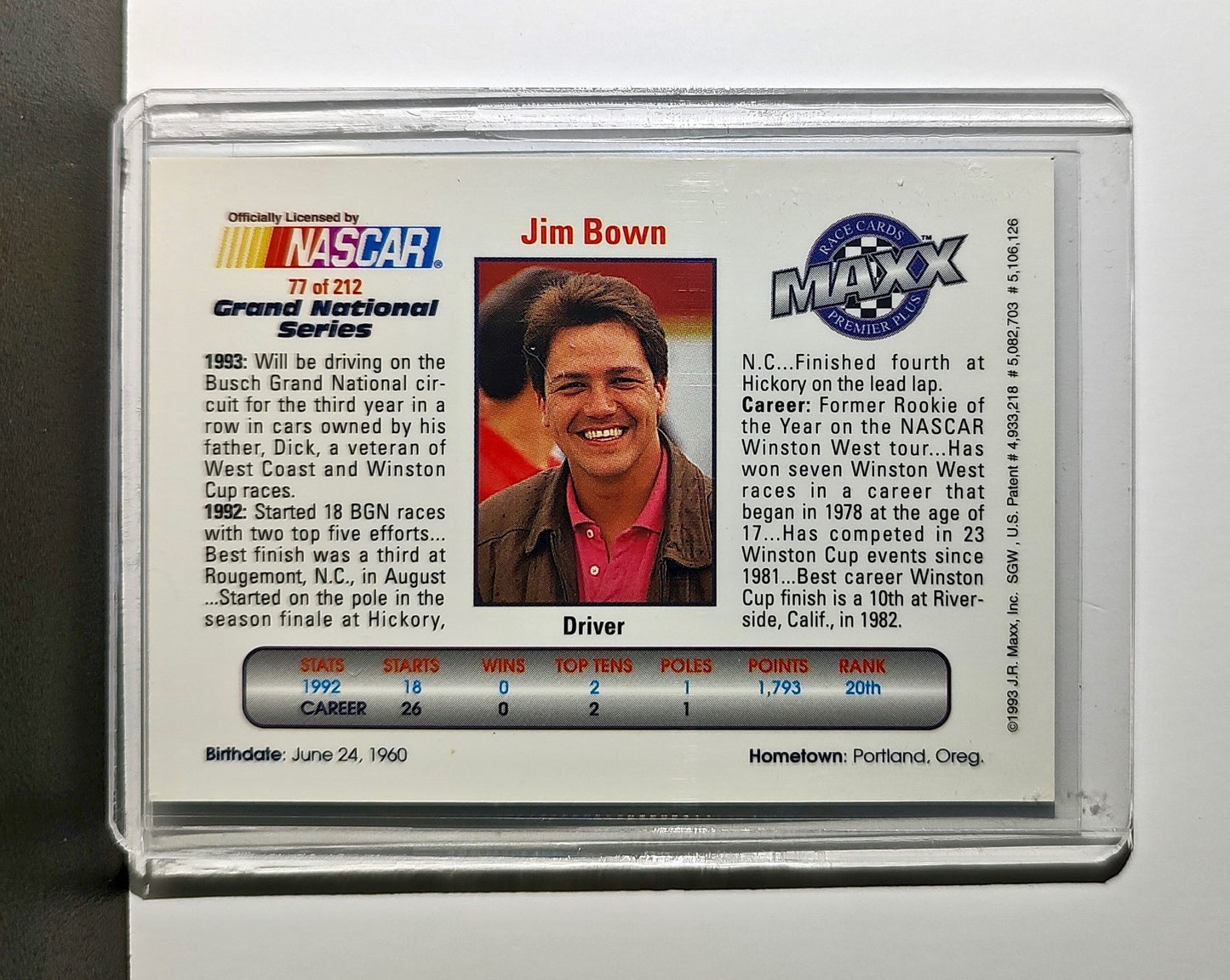 Jim Bown 1993 Maxx Premier Plus Racing #77 NASCAR Card Bown Racing