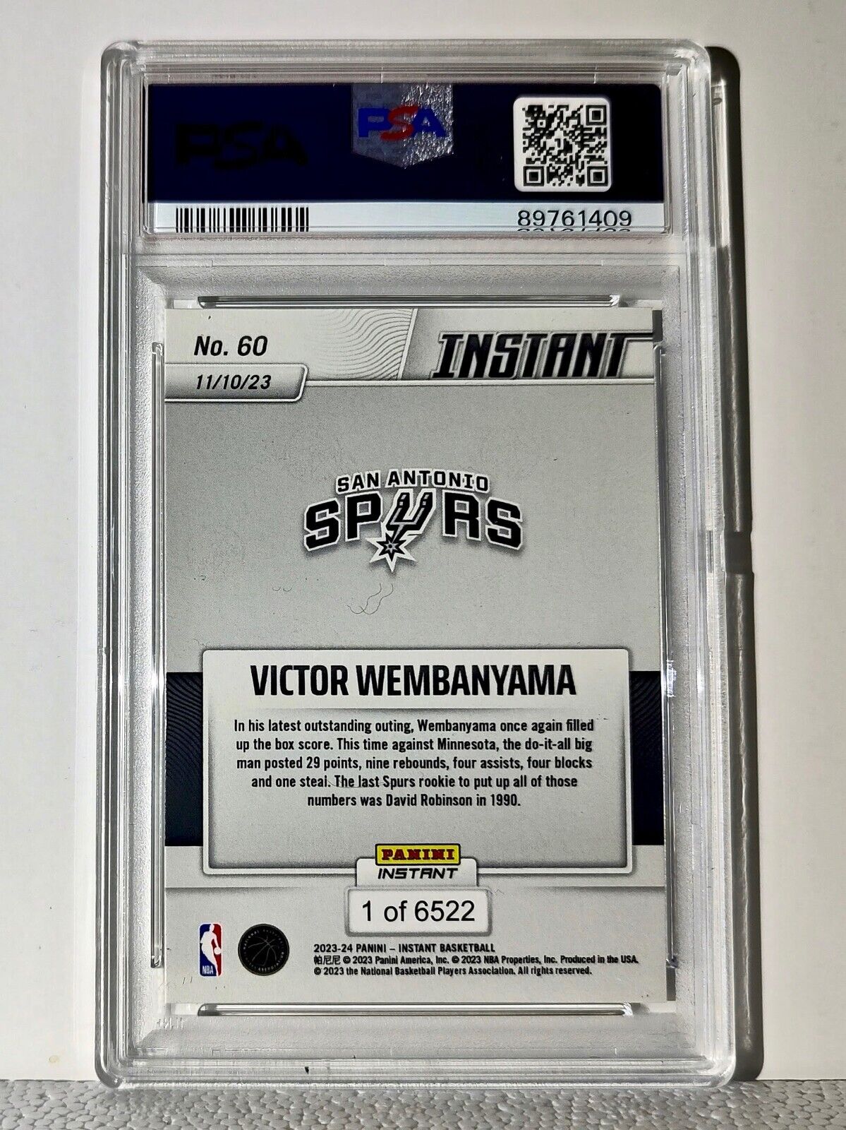 Victor Wembanyama 2023-24 Panini #60 NBA Rookie Card Spurs 1 of 6522 PSA 9 Mint