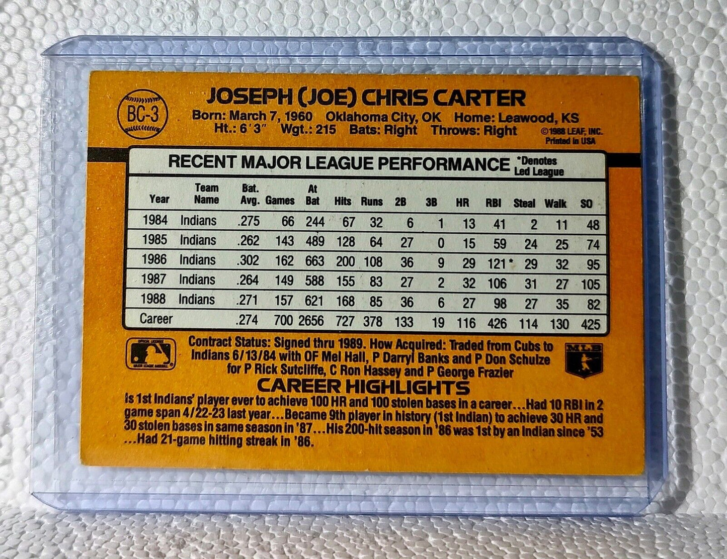 Joe Carter 1989 Donruss MLB #BC-3 Baseball Card Cleveland Indians