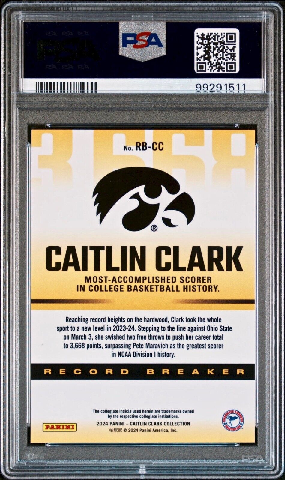 Caitlin Clark 2024 Panini Record Breaker #RB-CC Basketball Card PSA 8
