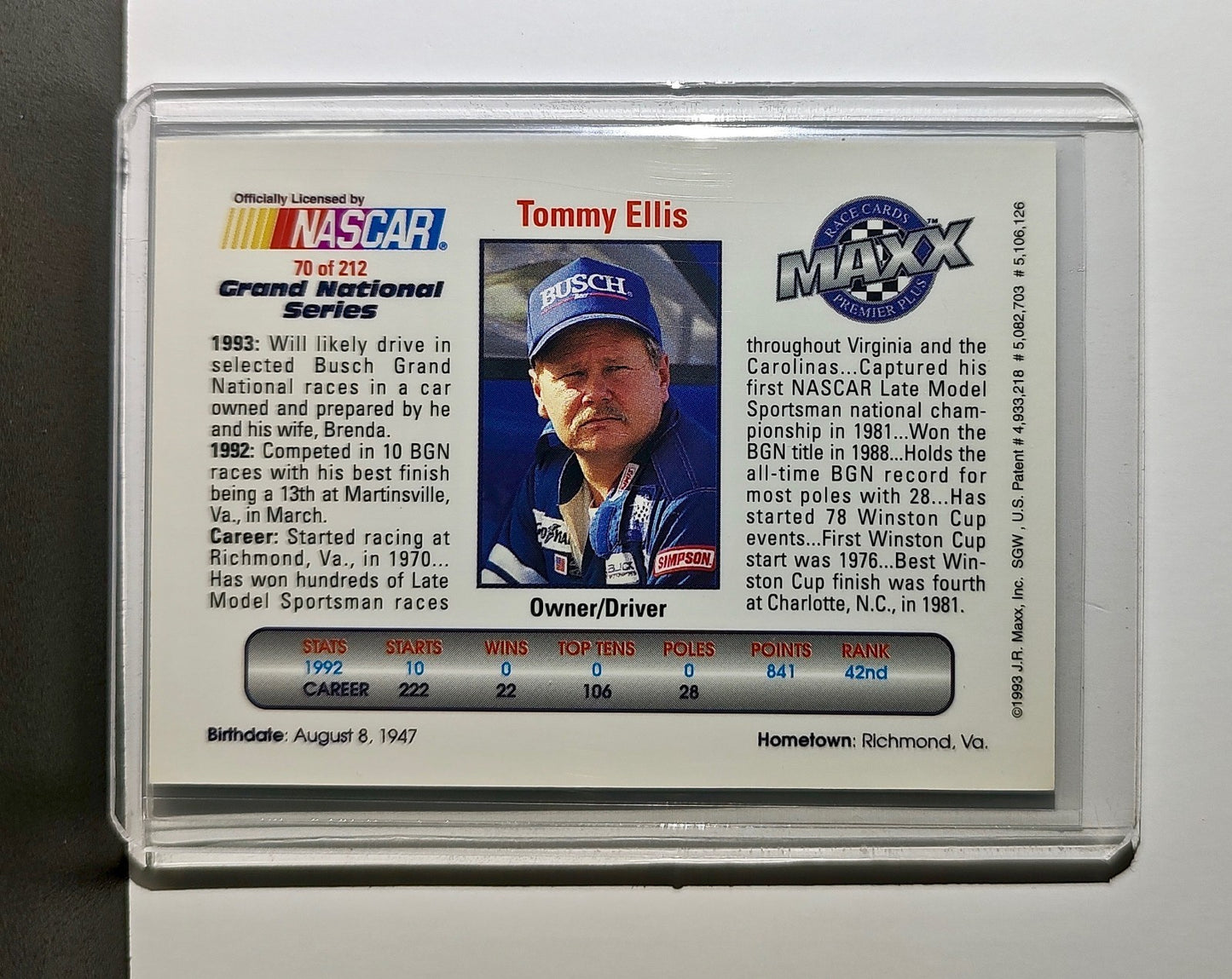 Tommy Ellis 1993 Maxx Premier Plus Racing #70 NASCAR Card Ellis Racing