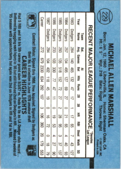 1988 Mike A. Marshall Donruss Baseball Card #229