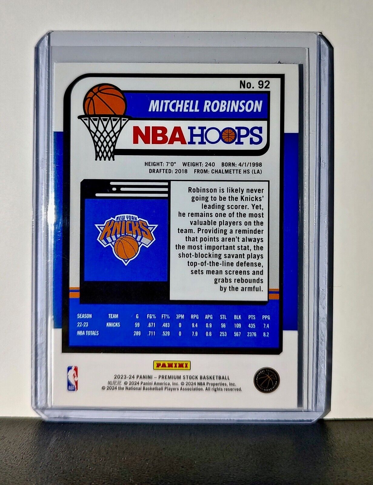 Mitchell Robinson 2023-24 Panini Premium Stock NBA Hoops #92 Card NY Knicks