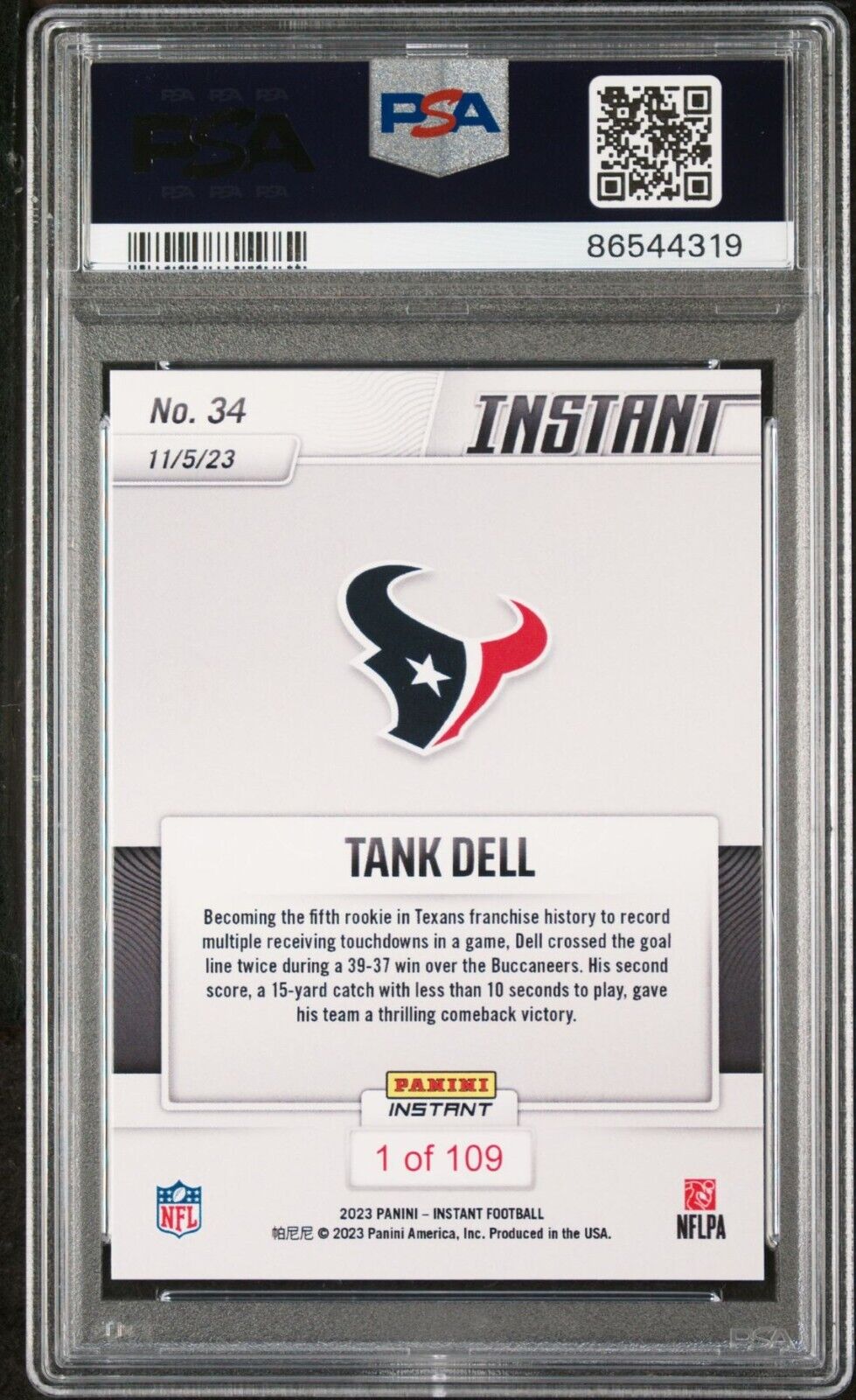 Tank Dell 2023 Panini NFL Rookie Football #34 Card 1 of 109 Texans PSA 9 Mint
