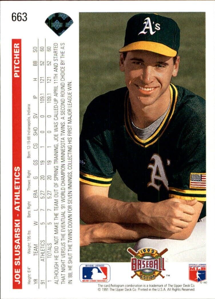 Joe Slusarski 1992 Upper Deck MLB #663 Baseball Card Oakland Athletics