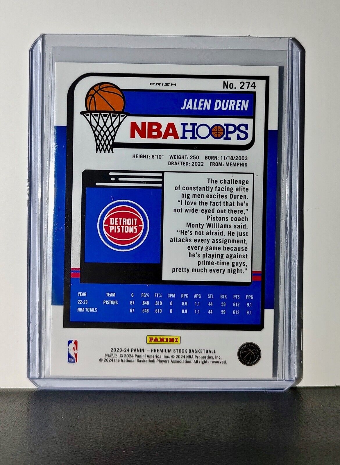 Jalen Duren 2023-24 Panini Premium Stock NBA Hoops #274 Prizm Refractor Pistons