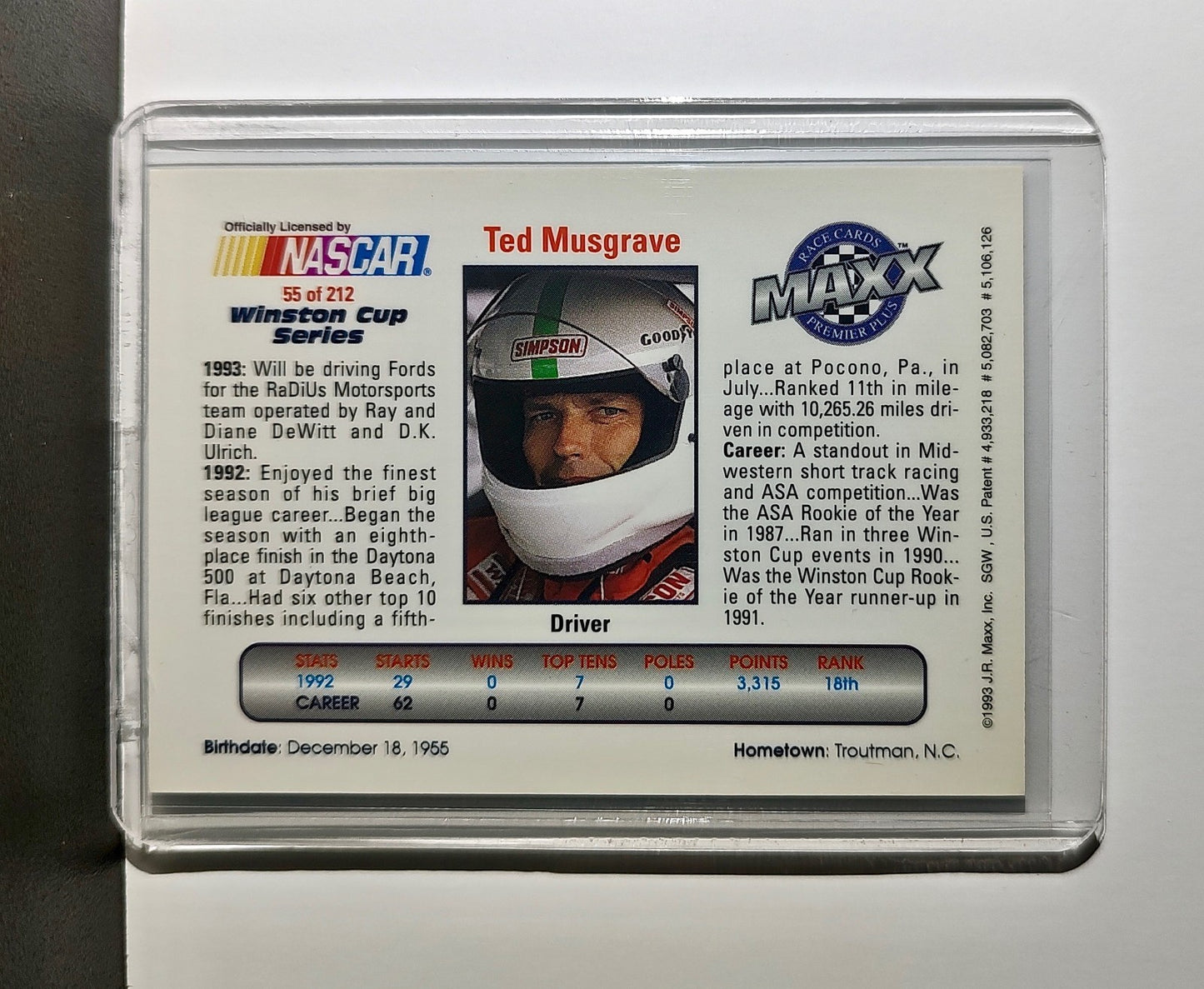 Ted Musgrave 1993 Maxx Premier Plus Racing #55 NASCAR Card RaDiUs Motorsports
