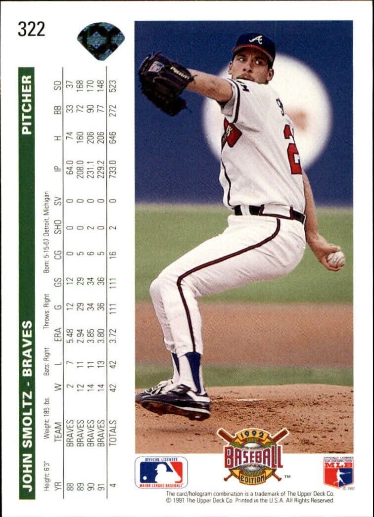 John Smoltz 1992 Upper Deck MLB #322 Baseball Card Atlanta Braves