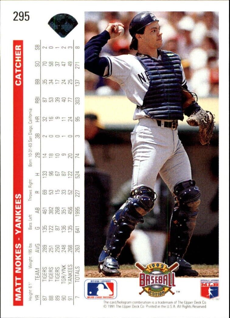 Matt Nokes 1992 Upper Deck MLB #295 Baseball Card New York Yankees