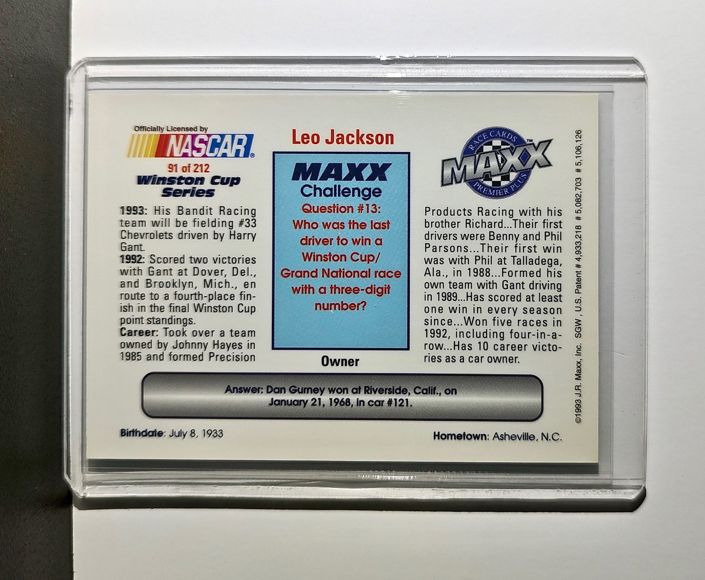 Leo Jackson 1993 Maxx Premier Plus Racing #91 NASCAR Leo Jackson Motorsports