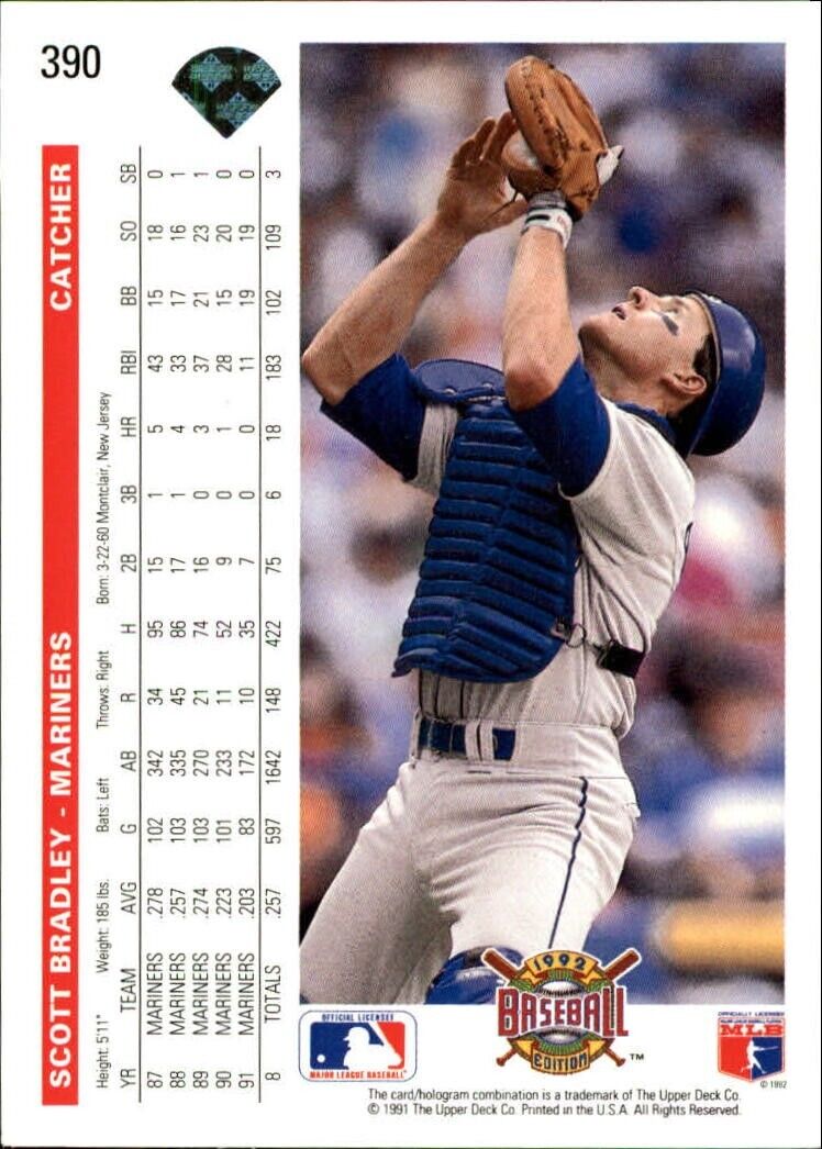 Scott Bradley 1992 Upper Deck MLB #390 Baseball Card Seattle Mariners